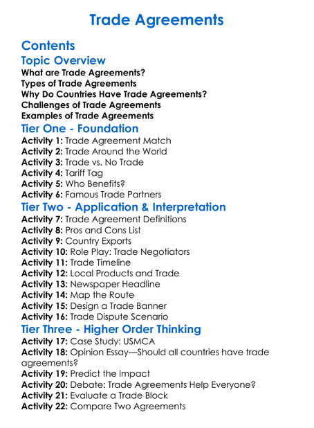 Trade Agreements Worksheet Activity Booklet