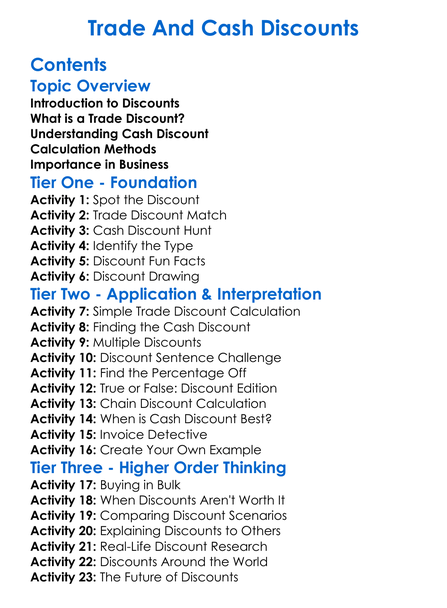 Trade And Cash Discounts Worksheet Activity Booklet
