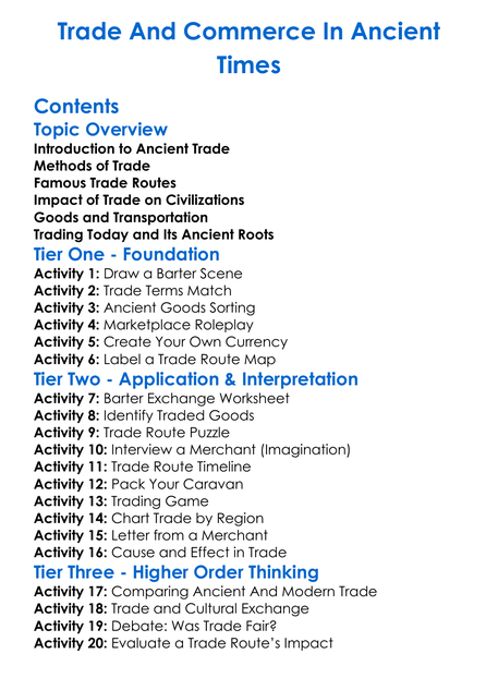 Trade And Commerce In Ancient Times Worksheet Activity Booklet