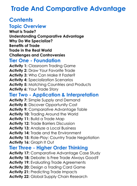 Trade And Comparative Advantage Worksheet Activity Booklet