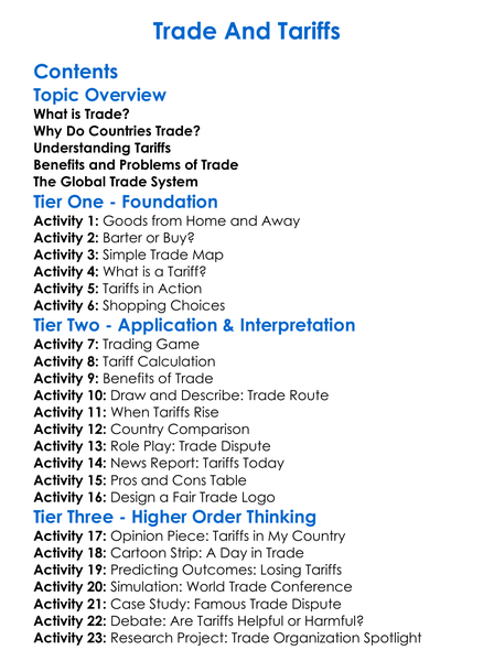 Trade And Tariffs Worksheet Activity Booklet
