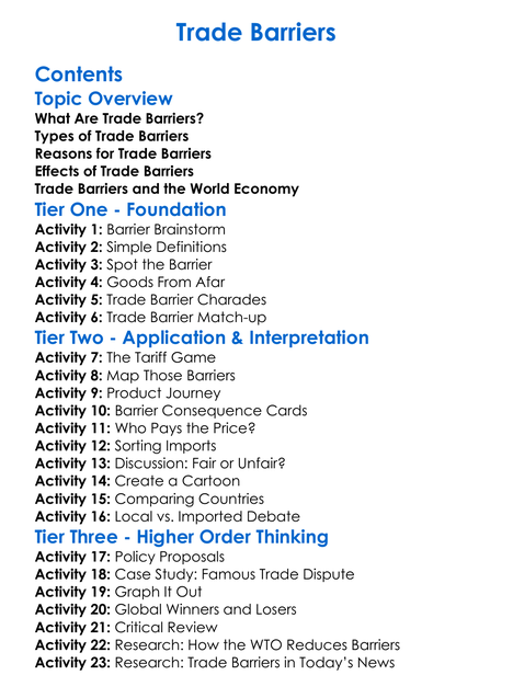 Trade Barriers Worksheet Activity Booklet