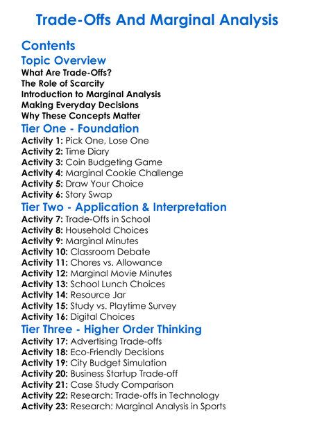 Trade-Offs And Marginal Analysis Worksheet Activity Booklet