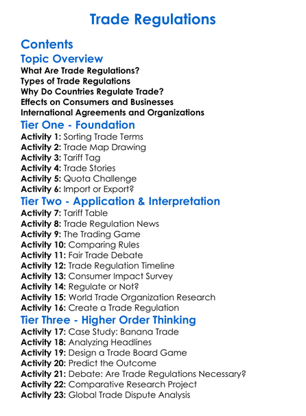 Trade Regulations Worksheet Activity Booklet