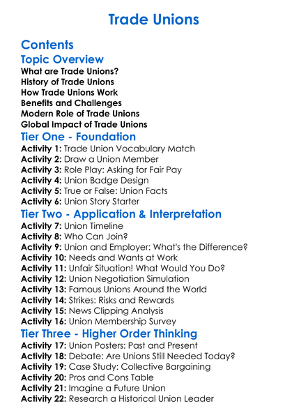 Trade Unions Worksheet Activity Booklet