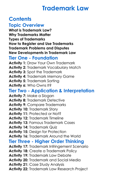 Trademark Law Worksheet Activity Booklet