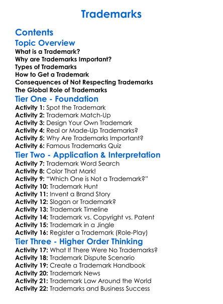 Trademarks Worksheet Activity Booklet