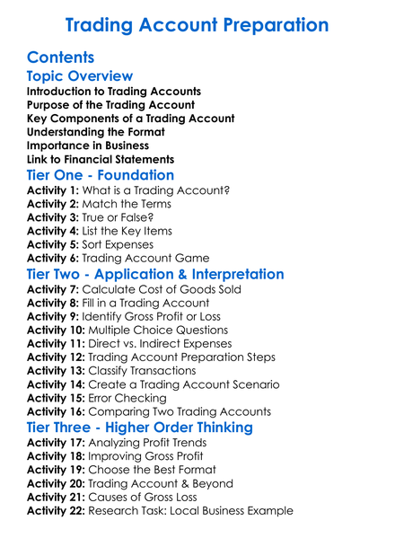 Trading Account Preparation Worksheet Activity Booklet