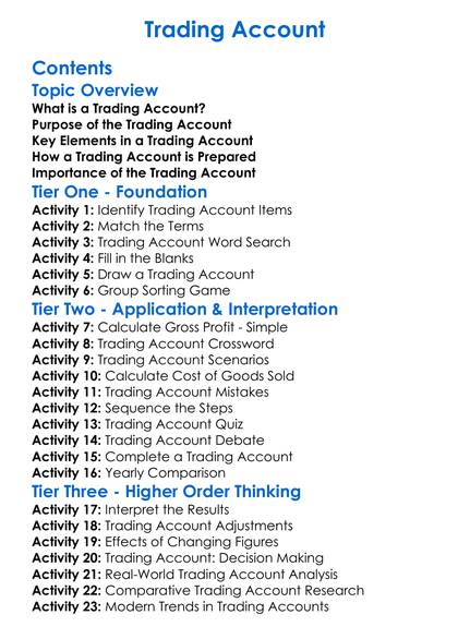 Trading Account Worksheet Activity Booklet