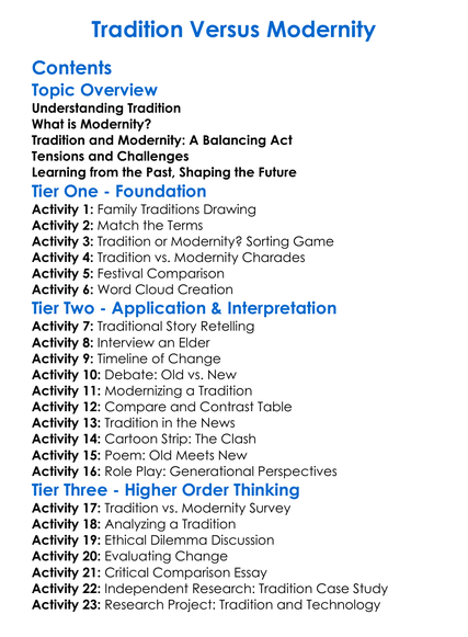 Tradition Versus Modernity Worksheet Activity Booklet