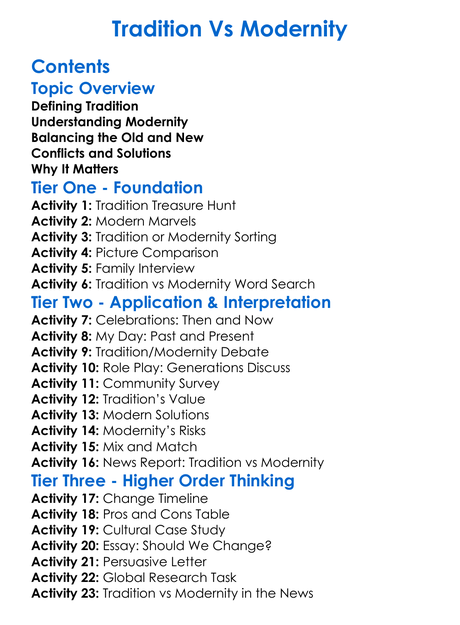 Tradition Vs Modernity Worksheet Activity Booklet