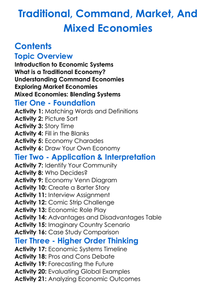 Traditional Command Market And Mixed Economies Worksheet Activity Booklet