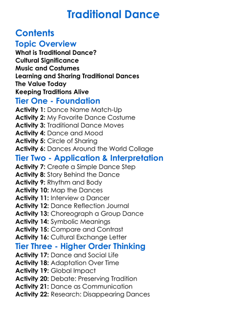 Traditional Dance Worksheet Activity Booklet