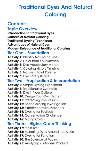 Traditional Dyes And Natural Coloring Worksheet Activity Booklet