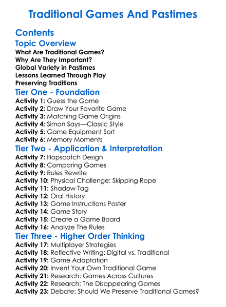 Traditional Games And Pastimes Worksheet Activity Booklet