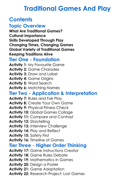 Traditional Games And Play Worksheet Activity Booklet
