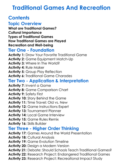 Traditional Games And Recreation Worksheet Activity Booklet