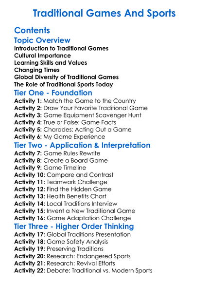 Traditional Games And Sports Worksheet Activity Booklet