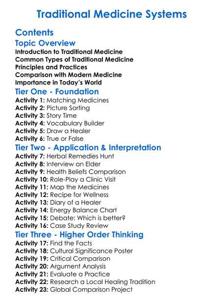 Traditional Medicine Systems Worksheet Activity Booklet
