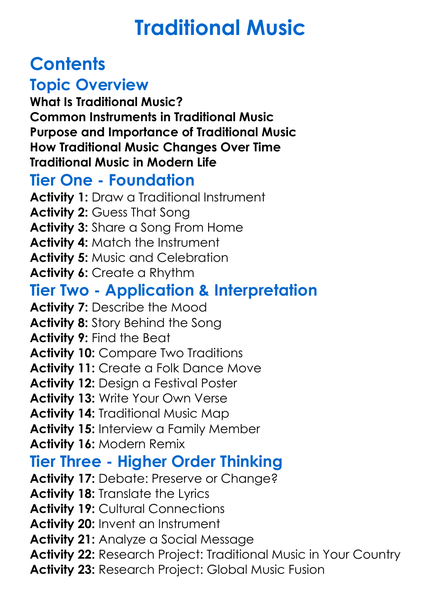 Traditional Music Worksheet Activity Booklet