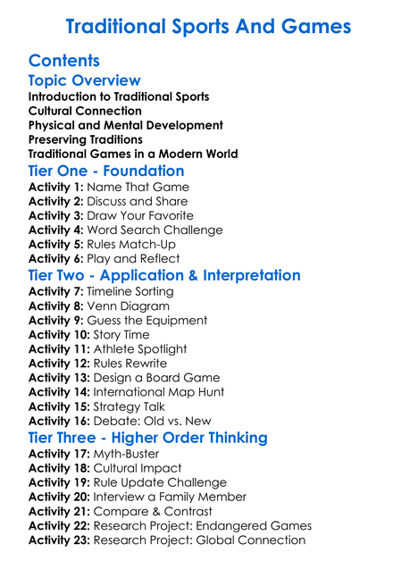 Traditional Sports And Games Worksheet Activity Booklet