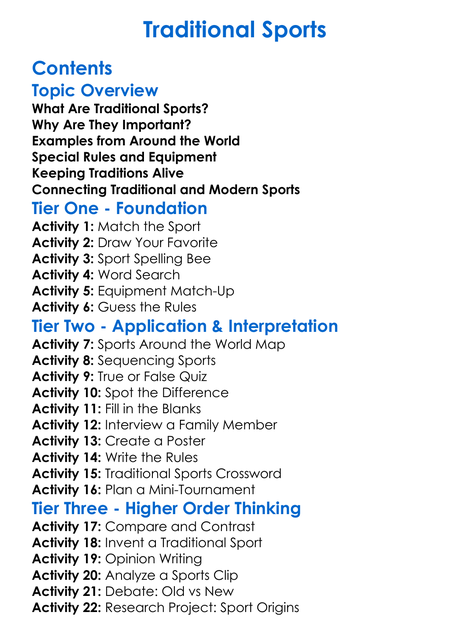 Traditional Sports Worksheet Activity Booklet