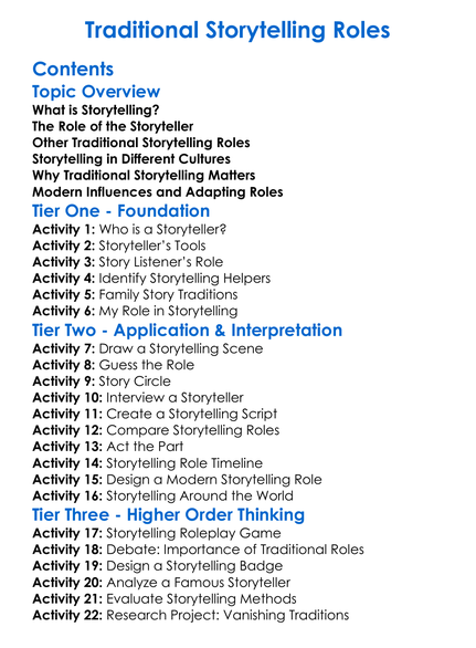 Traditional Storytelling Roles Worksheet Activity Booklet
