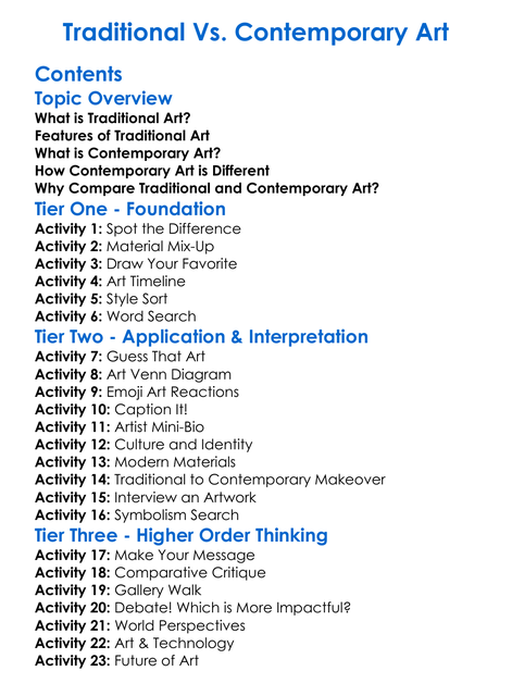 Traditional Vs Contemporary Art Worksheet Activity Booklet