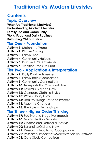 Traditional Vs Modern Lifestyles Worksheet Activity Booklet