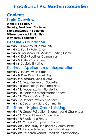 Traditional Vs Modern Societies Worksheet Activity Booklet
