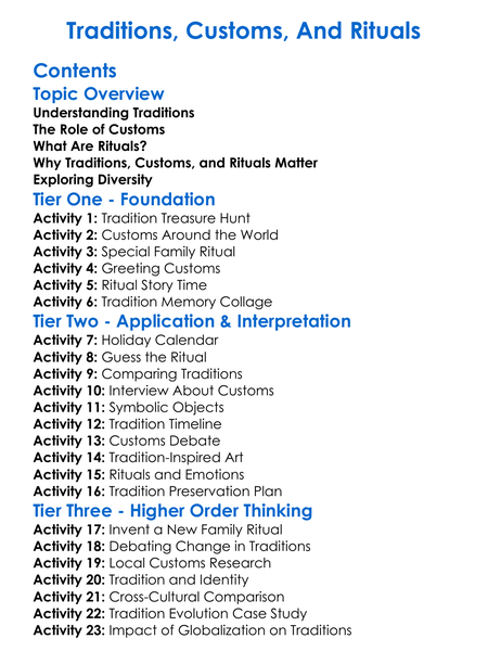 Traditions Customs And Rituals Worksheet Activity Booklet