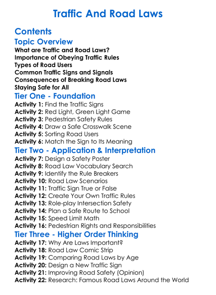 Traffic And Road Laws Worksheet Activity Booklet