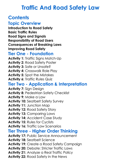 Traffic And Road Safety Law Worksheet Activity Booklet