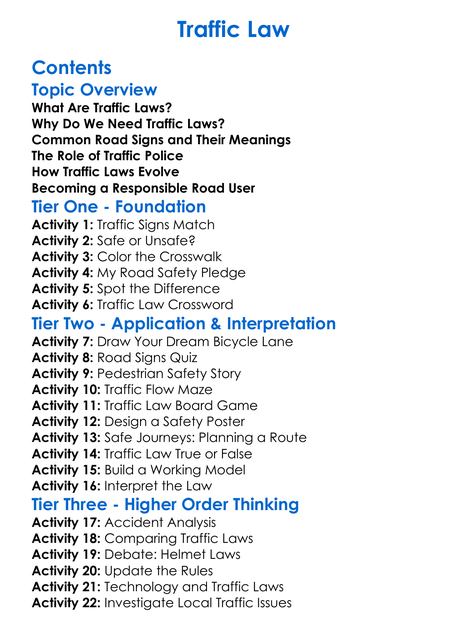 Traffic Law Worksheet Activity Booklet