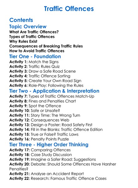 Traffic Offences Worksheet Activity Booklet