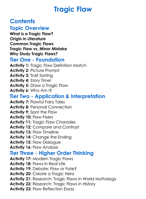 Tragic Flaw Worksheet Activity Booklet