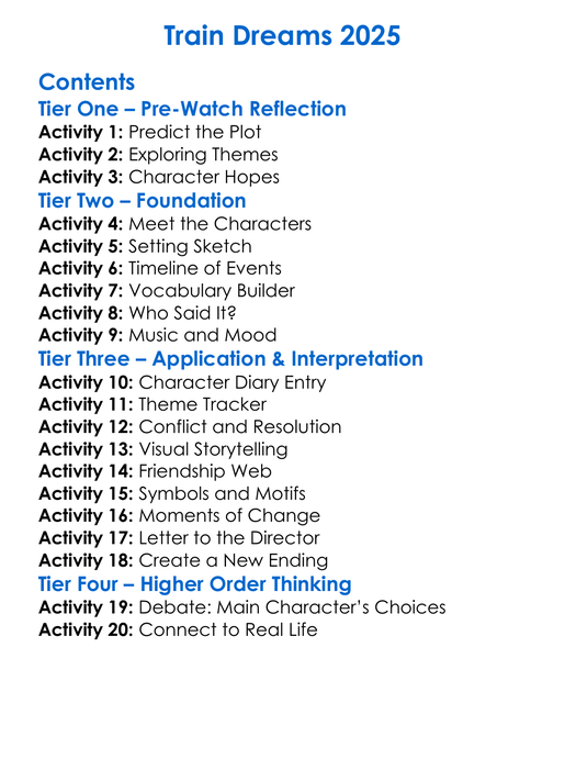 Train Dreams 2025 Worksheet Activity Booklet