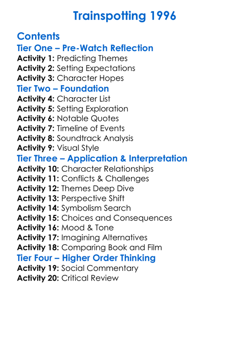 Trainspotting 1996 Worksheet Activity Booklet
