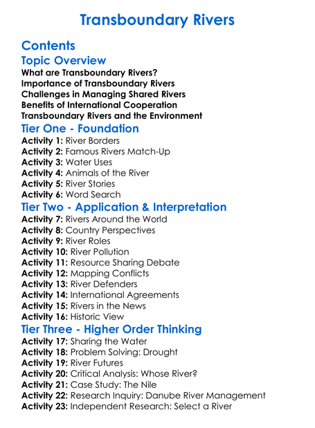 Transboundary Rivers Worksheet Activity Booklet