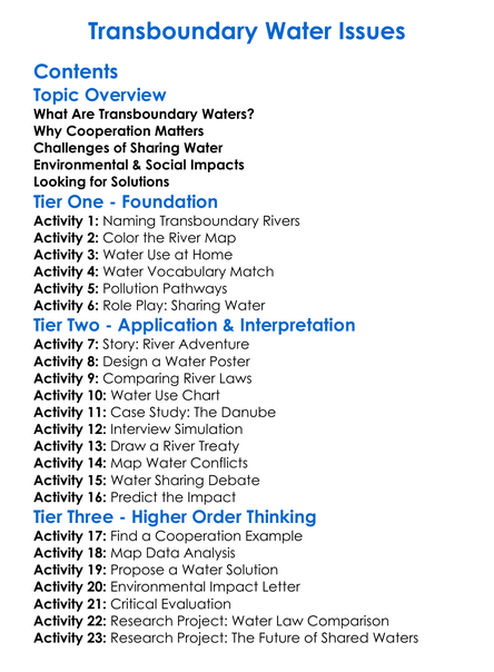 Transboundary Water Issues Worksheet Activity Booklet