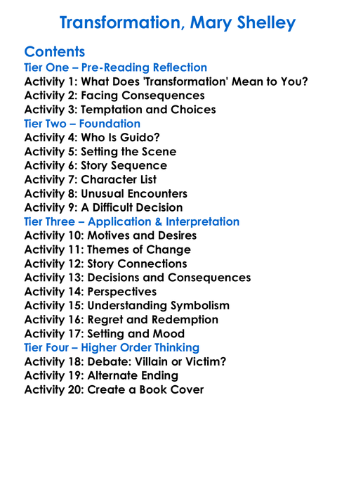Transformation Mary Shelley Worksheet Activity Booklet