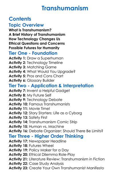 Transhumanism Worksheet Activity Booklet