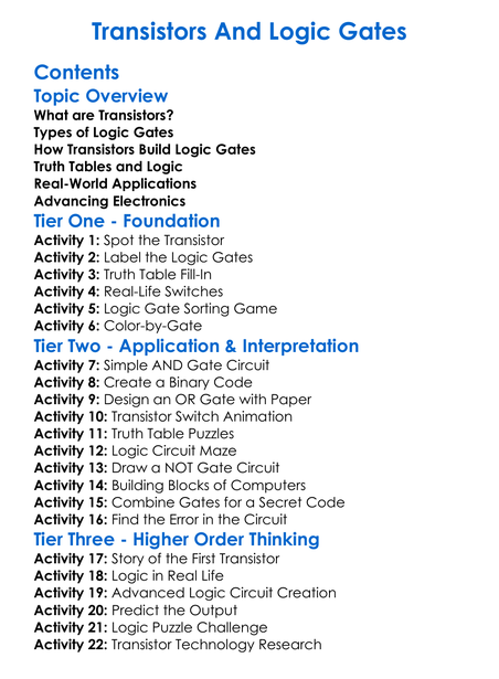 Transistors And Logic Gates Worksheet Activity Booklet