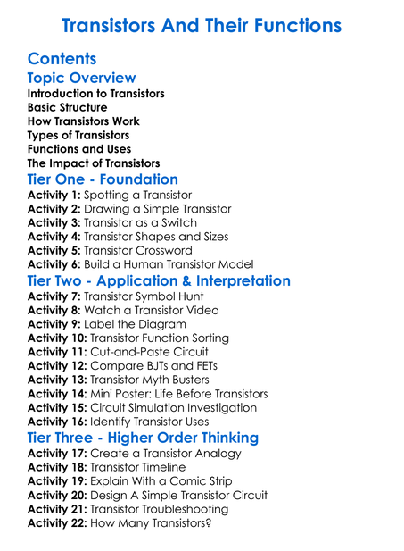 Transistors And Their Functions Worksheet Activity Booklet