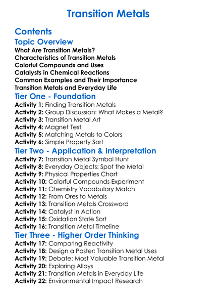 Transition Metals Worksheet Activity Booklet