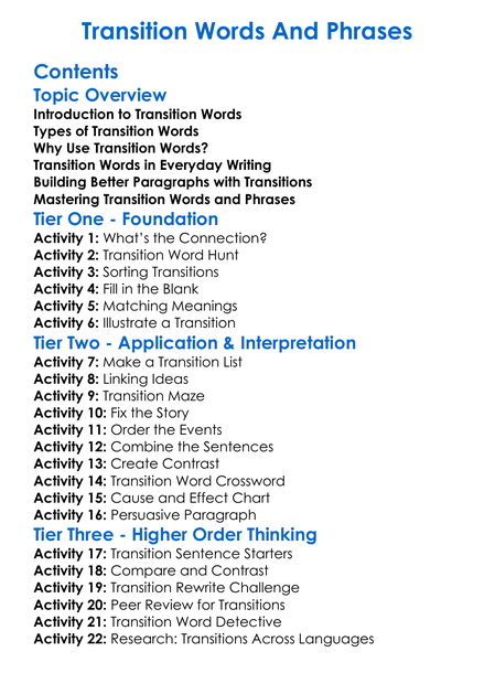 Transition Words And Phrases Worksheet Activity Booklet