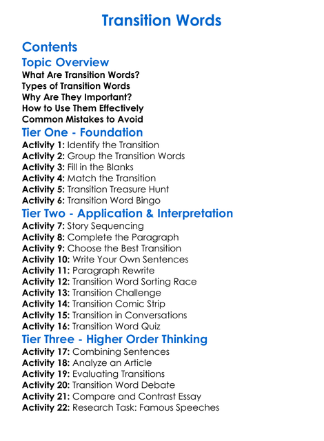 Transition Words Worksheet Activity Booklet