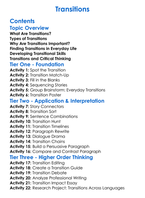 Transitions Worksheet Activity Booklet