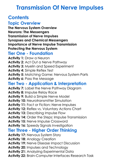 Transmission Of Nerve Impulses Worksheet Activity Booklet