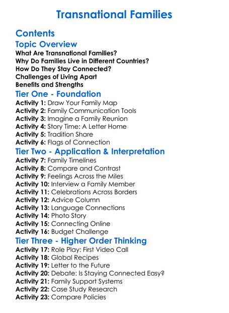 Transnational Families Worksheet Activity Booklet